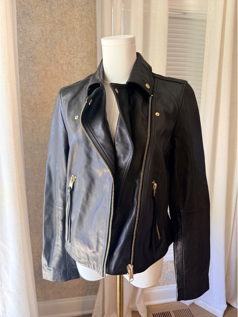AllSaints Dalby Biker Black Leather Jacket Gold Hardware US 6 NWT